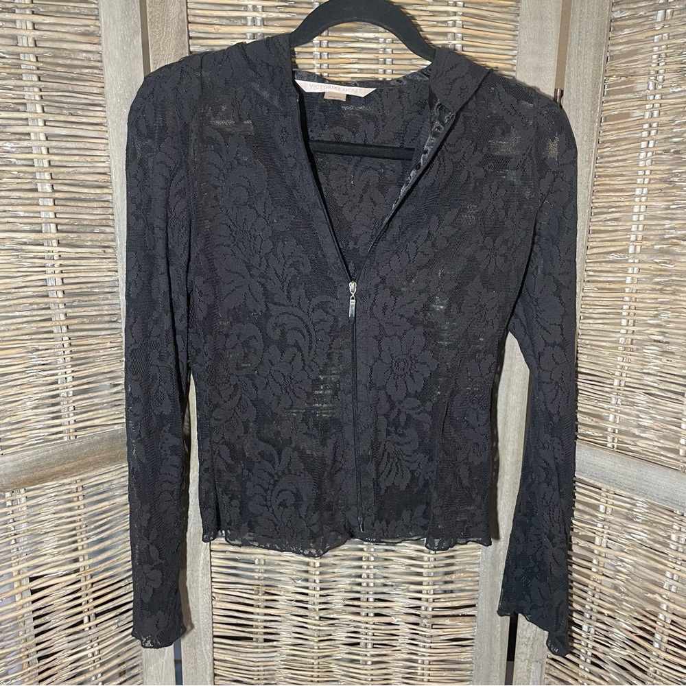 VS Y2K Sheer Lace Zip Up Hoodie in Black - Small